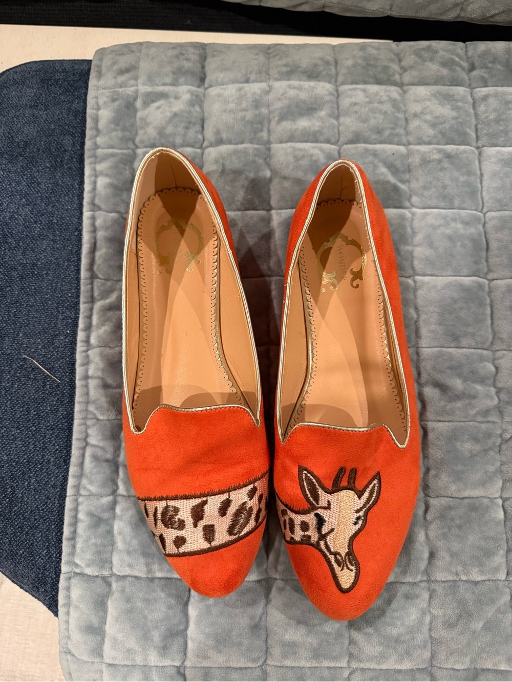 Orange Suede Giraffe-Embroidered Women’s Loafers